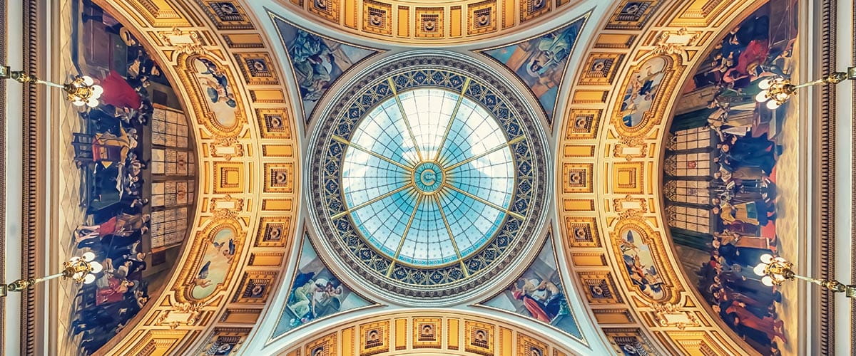 The ceiling inside St Stephen’s Basilica in Budapest, Hungary